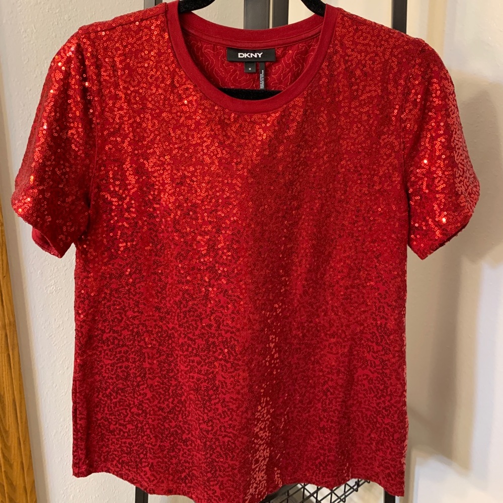 DKNY Red Sequin Holiday/Night Out Top, Medium, LIKE NEW
